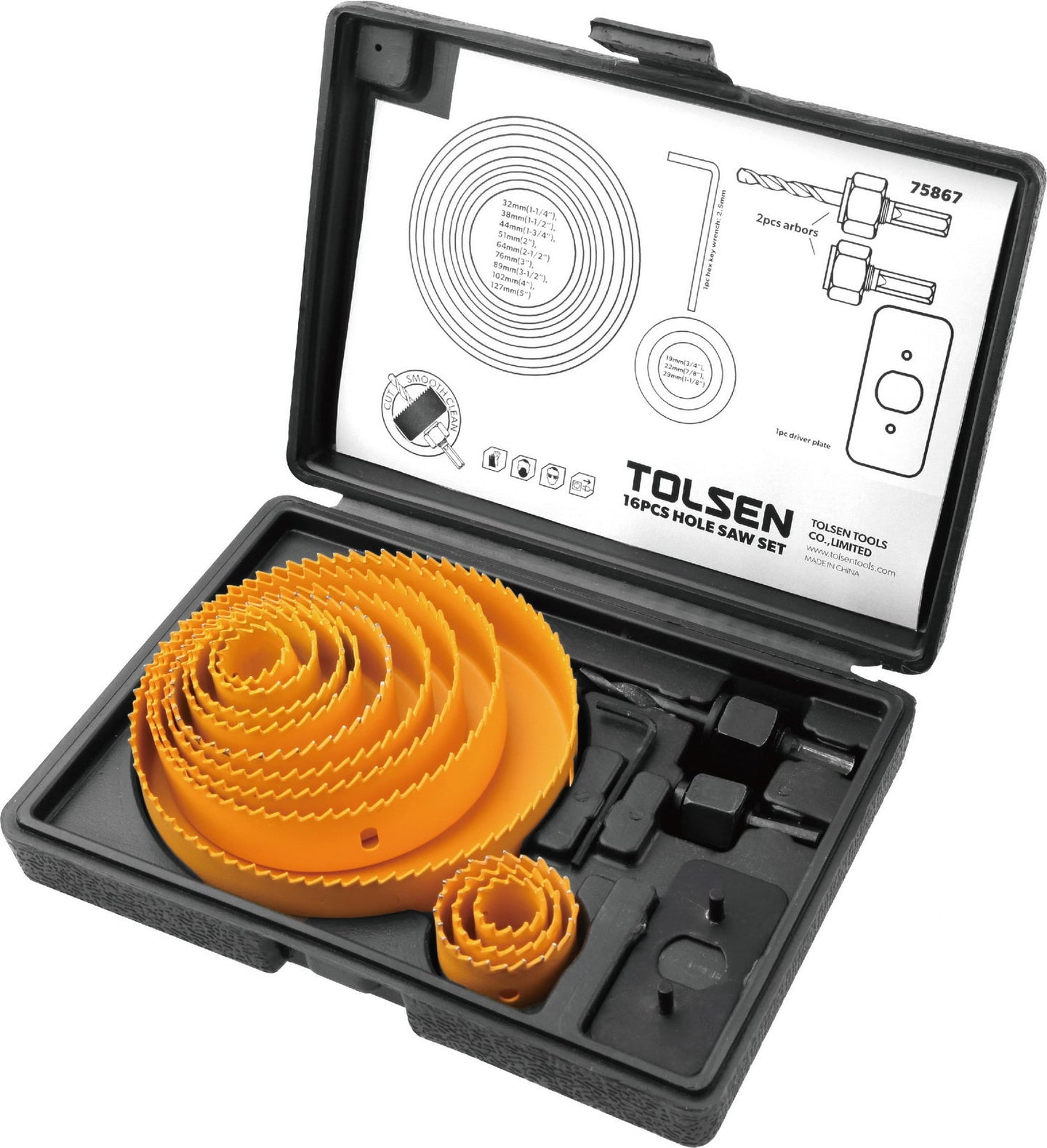 Tolsen Hole Saw Set 16pc Carbon Steel (19-22-29-32-38-44-51-64-76-89- - Buy Now Online at Trade DIY Direct