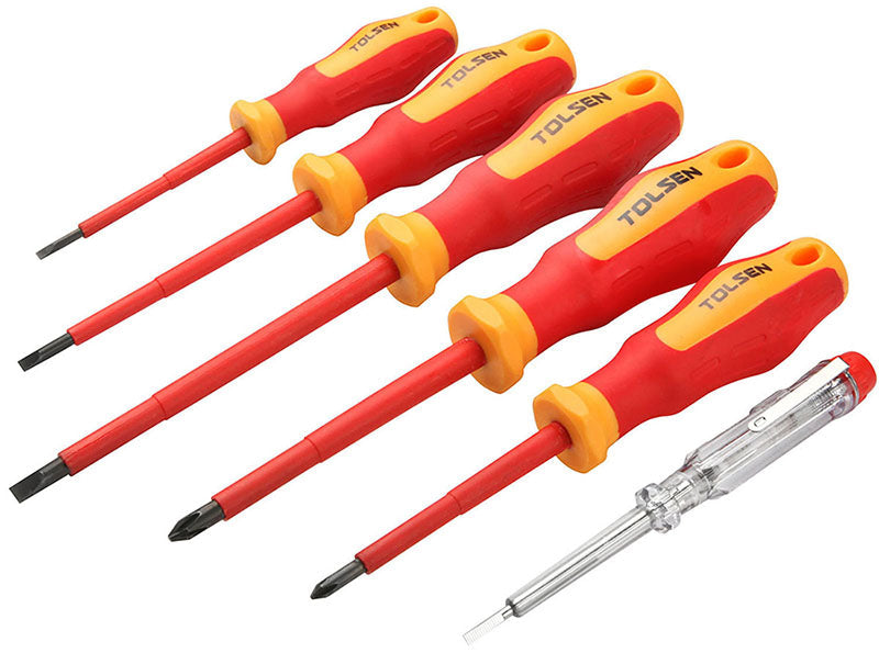 Tolsen Screwdriver Set VDE 6 pc (3x75,4x100,5.5x100,Ph1x80,Phz2x100+ Volt Tes - Buy Now Online at Trade DIY Direct